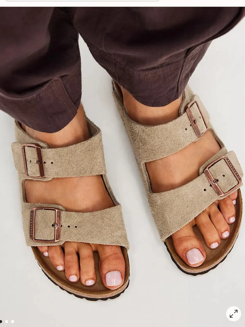 Birkenstock Two-Strap Suede Sandals in Light Beige with Rose Gold Buckles